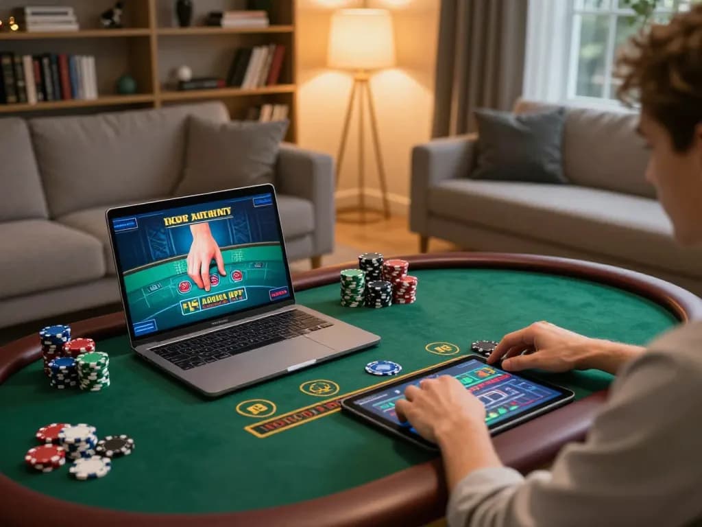 Engaged player enjoying online gaming at 888top in a cozy home setup with ambient lighting.