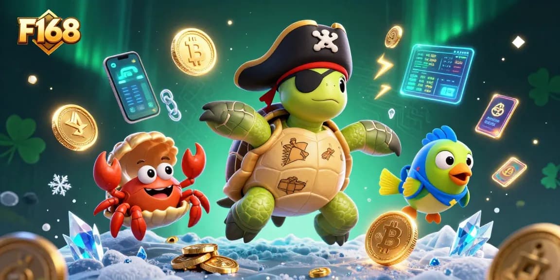 Experience thrilling games at F168 with vibrant characters exploring sunken treasure amidst cryptocurrency elements.