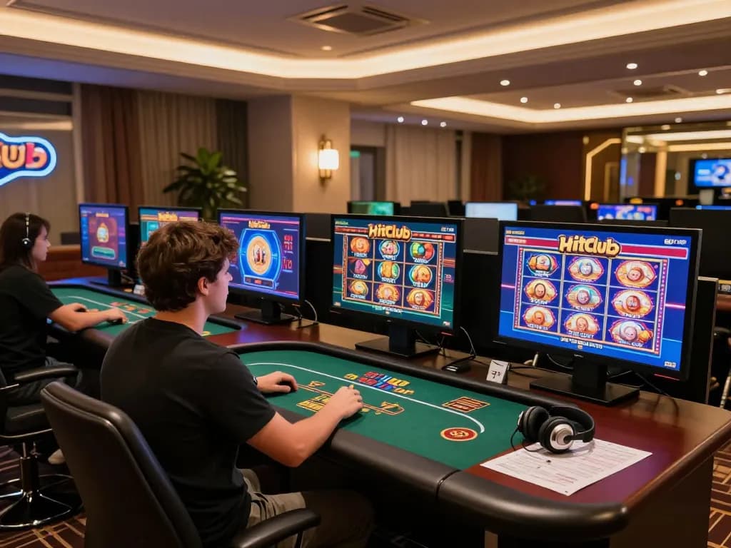 Player enjoying online games at Hitclub with multiple screens displaying exciting slot games in a modern setup.