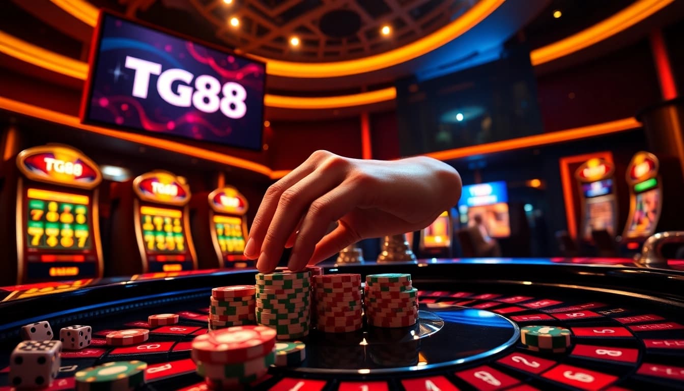 Strategic TG88 gambler stacking vibrant poker chips by roulette table with jackpot slot machines