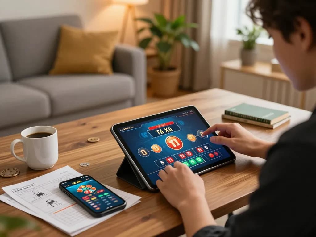 Engaging in Tài Xỉu gaming at home using taixiuonline8 tablet with vibrant display and strategy notes.