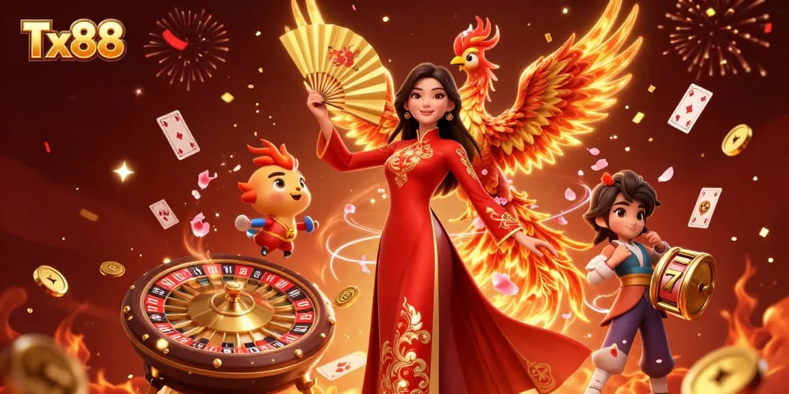 Win big at Tx88 with vibrant casino elements and a stunning illustration of fortune!