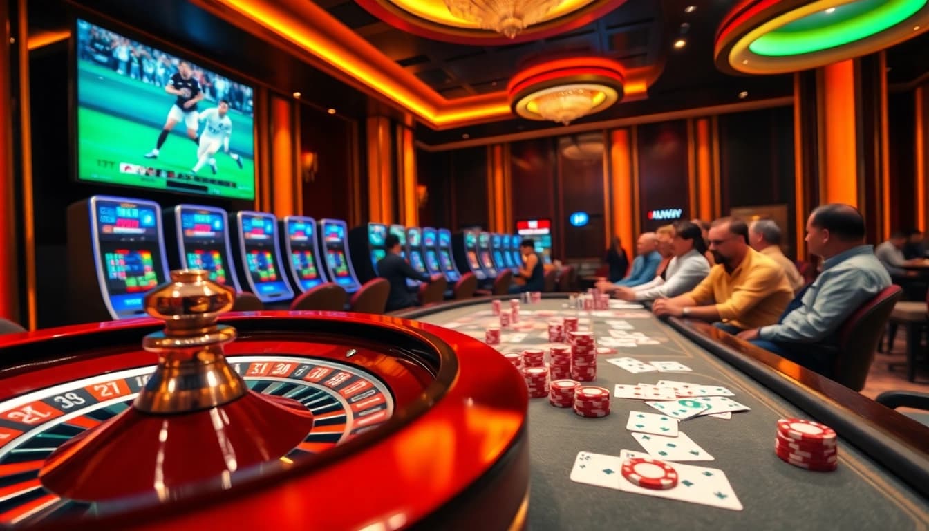 Enjoying a thrilling game of bóng đá lương sơn at a vibrant casino with poker tables and roulette.