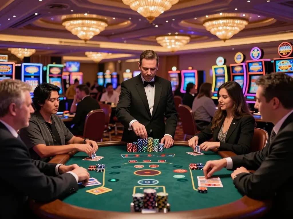 7M players engaged in a thrilling blackjack game, vibrant casino atmosphere with colorful chips and cards