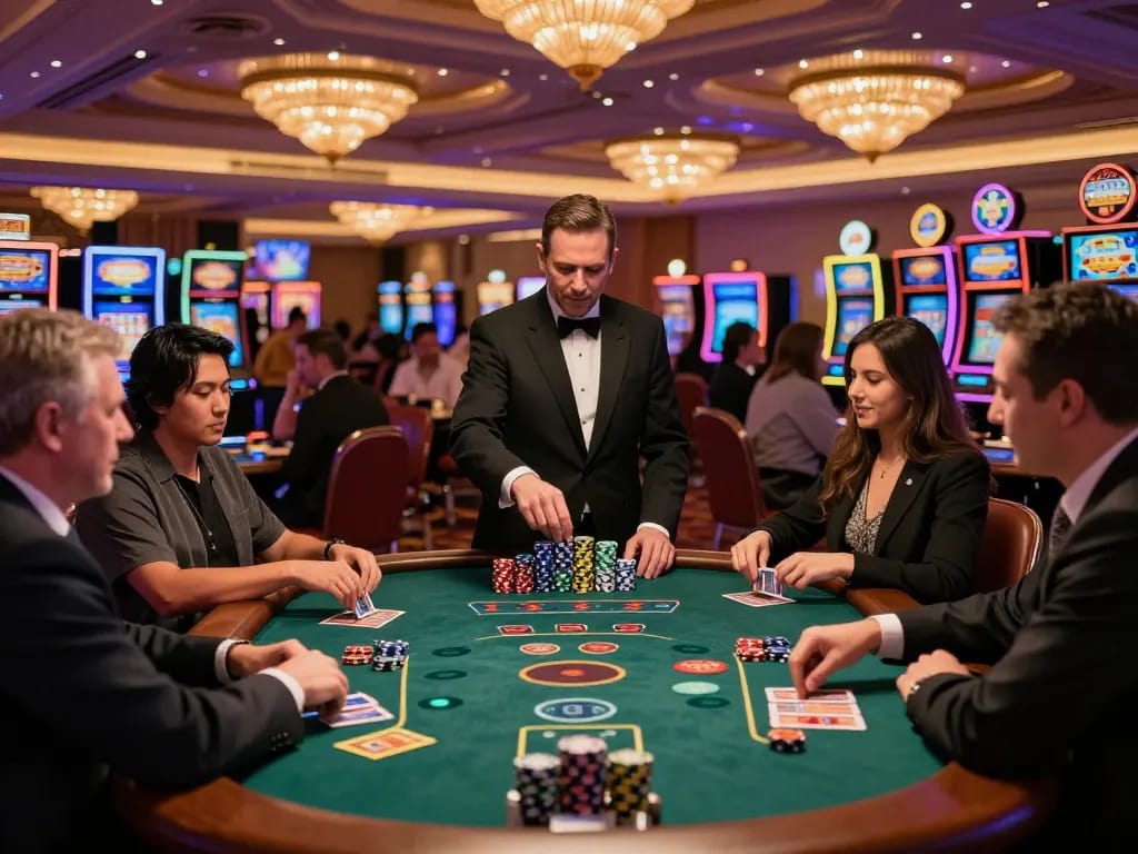 7M players engaged in a thrilling blackjack game, vibrant casino atmosphere with colorful chips and cards