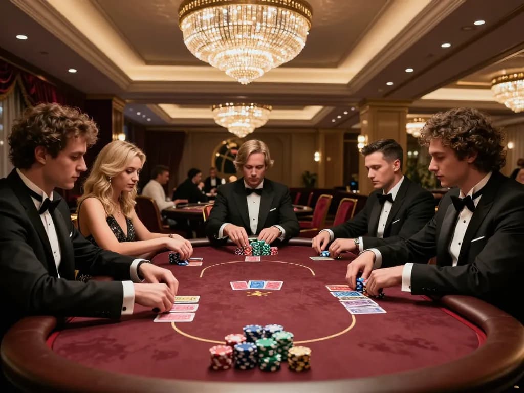 Players engaging in a high-stakes poker game at Nk88 casino, showcasing luxury atmosphere and strategic betting.