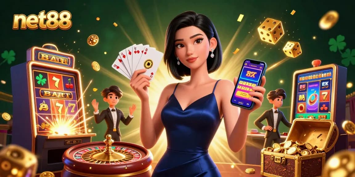 Net88 showcases an engaging casino atmosphere featuring a stunning woman, slot machine jackpots, and vibrant gaming elements.
