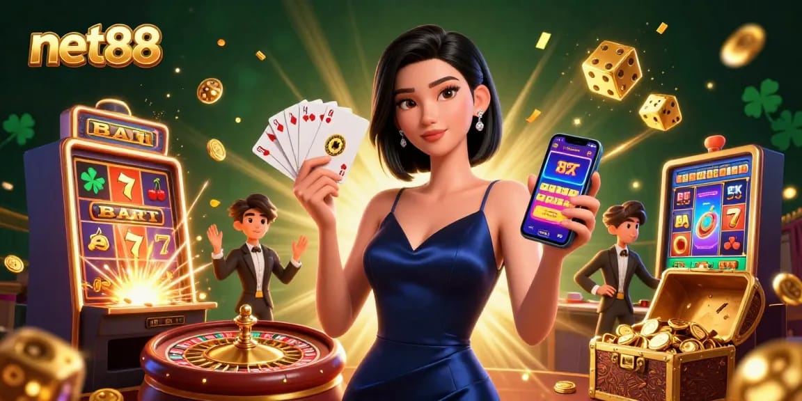 Net88 showcases an engaging casino atmosphere featuring a stunning woman, slot machine jackpots, and vibrant gaming elements.