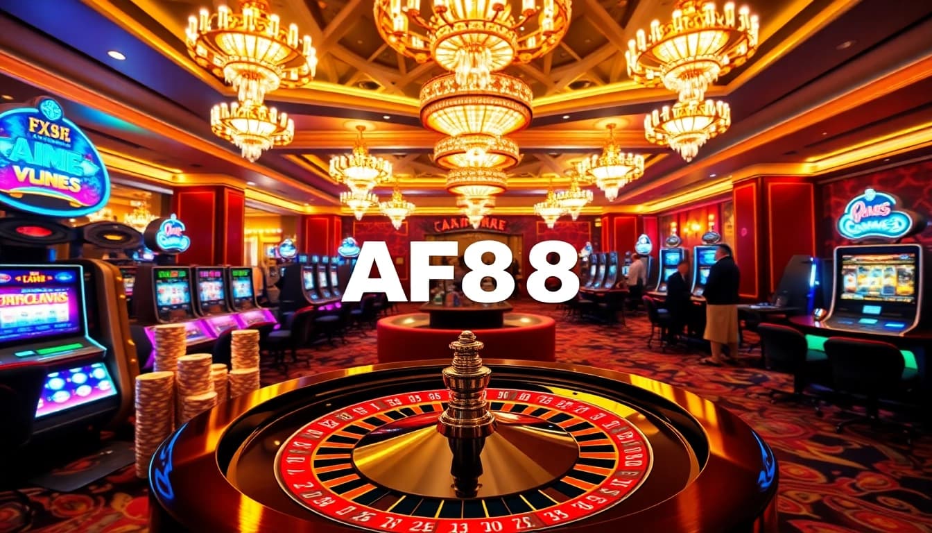 Exciting AF88 game atmosphere featuring vibrant casino elements like roulette, poker, and slot machines.