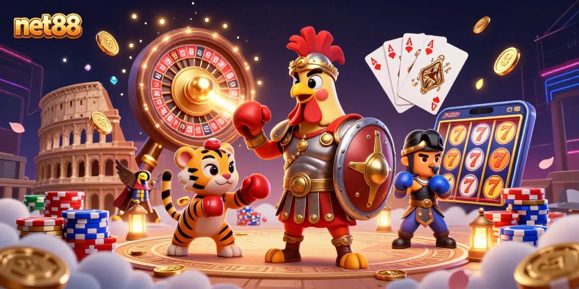 Engage in thrilling action at net88 with a cartoon gladiator rooster and casino elements.