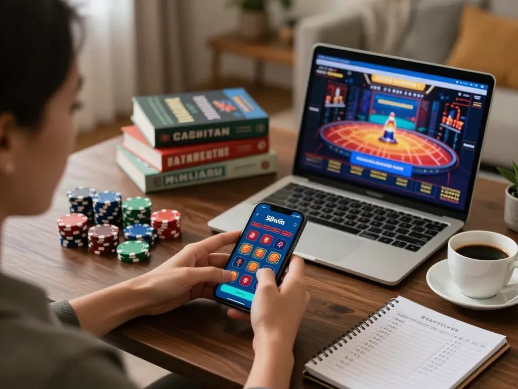 Experience engaging online gameplay on 58wiin with a smartphone, showcasing a strategic gambling setup.