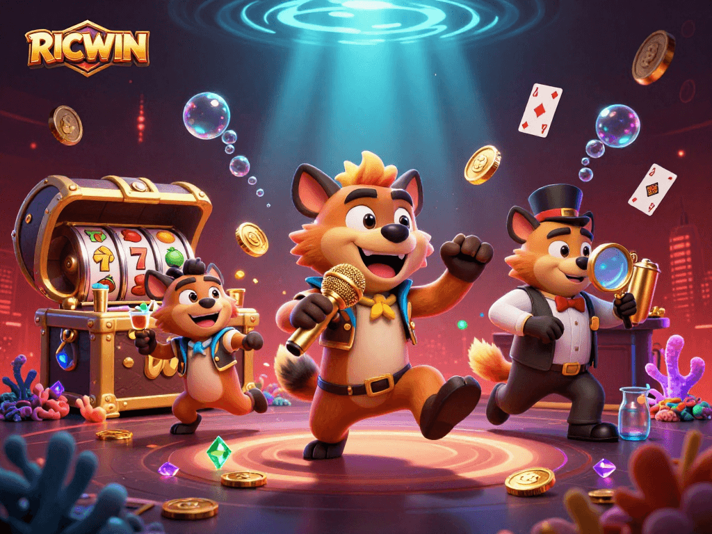 Engage in RICWIN's vibrant casino scene featuring animated hyenas and dynamic gaming elements.