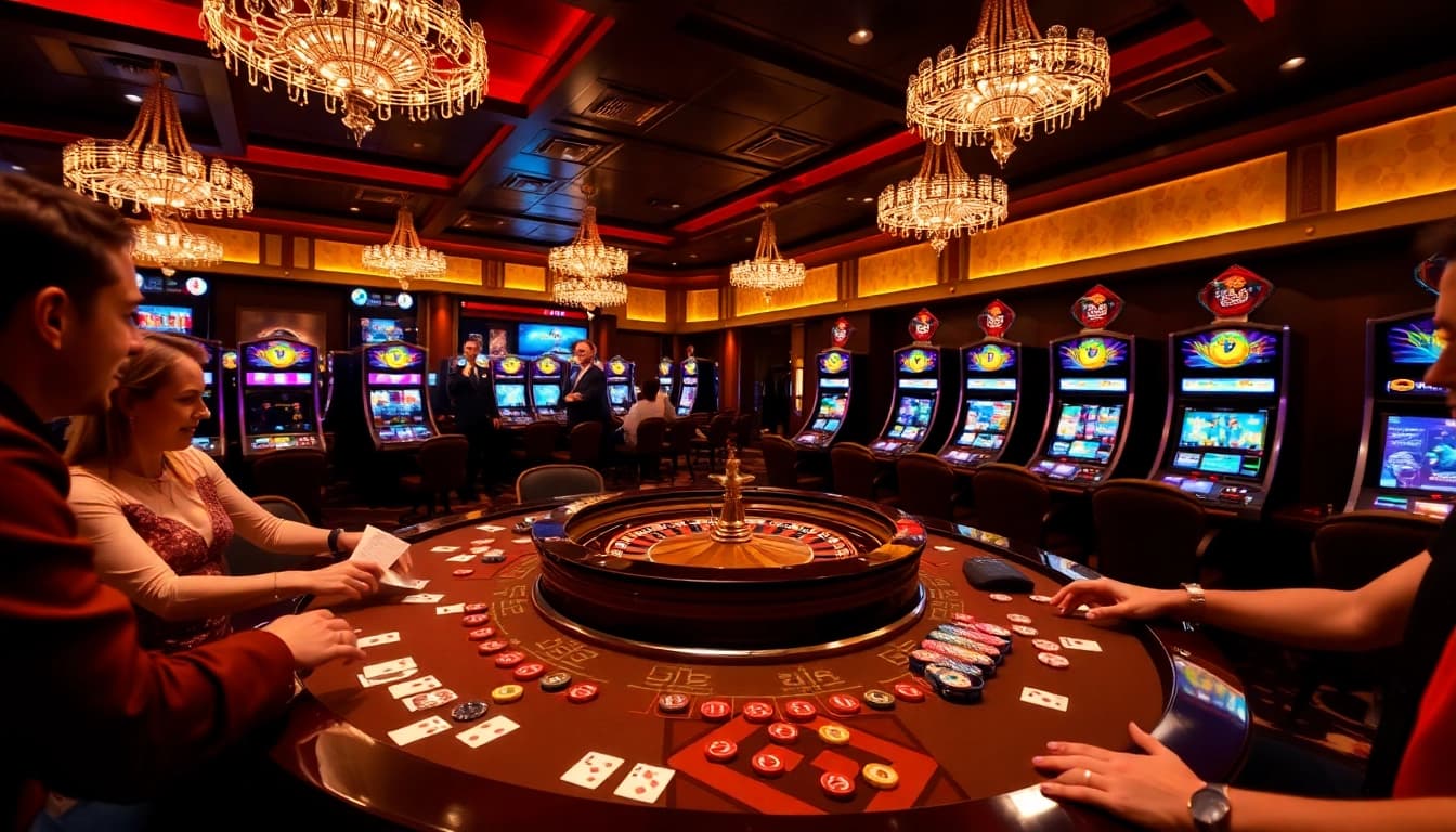Excited players engaging at the luxurious NEW888 roulette table in a vibrant casino.