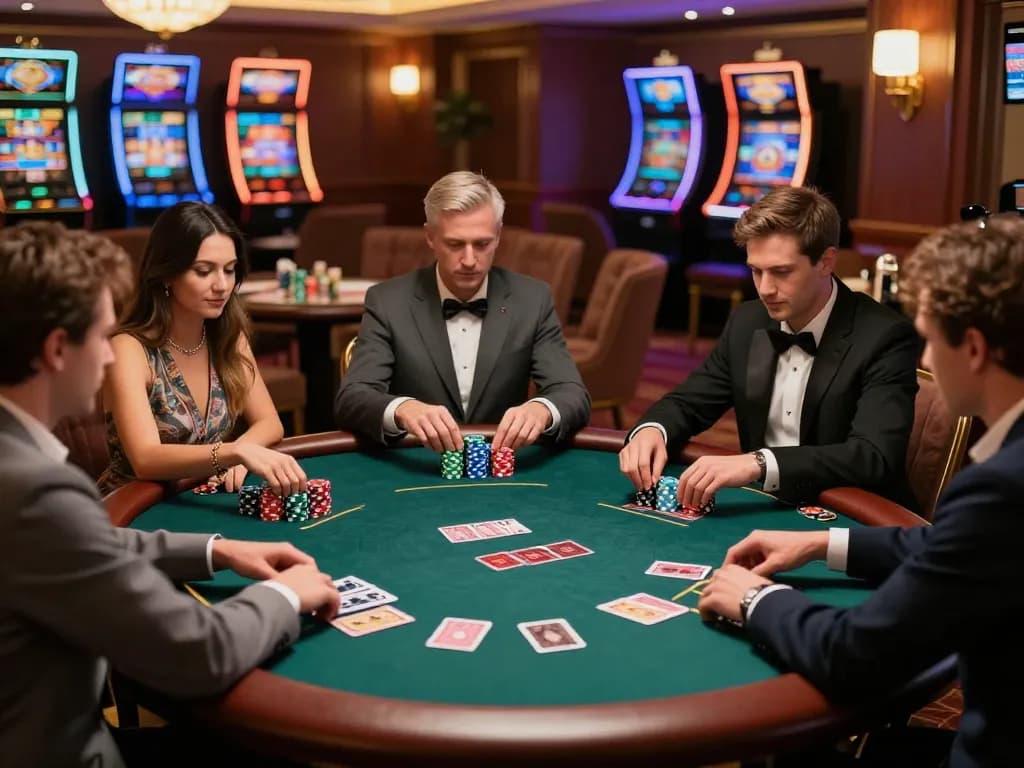 Players engaged in a high-stakes poker game at TX88 table, colorful chips stacked, intense atmosphere, strategic gameplay.