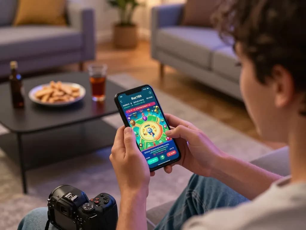 Engaged player celebrating a win on the Bay789 app, showcasing mobile gaming excitement in a cozy home setting.
