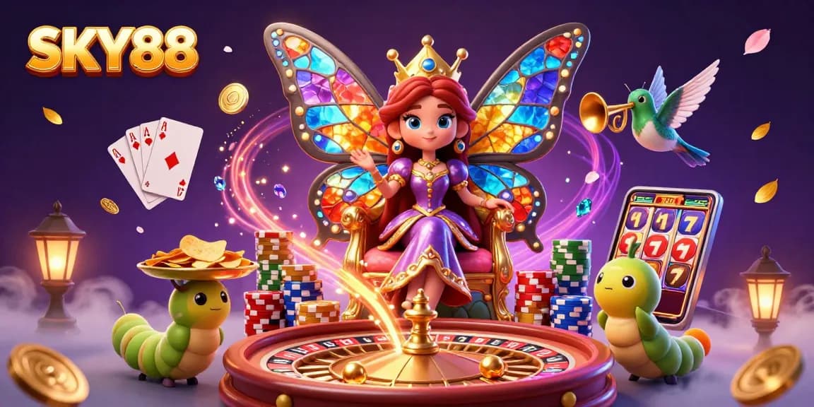 Engage in thrilling casino adventures with SKY88 featuring a butterfly queen and vibrant gaming elements.