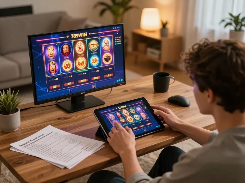 Player enjoying 789WIN gaming experience at home, using tablet for slots and strategy notes.
