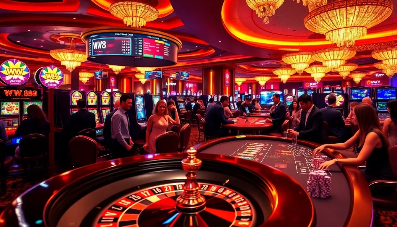 Exciting casino atmosphere featuring WW 88 branding with players enjoying roulette and slot machines.