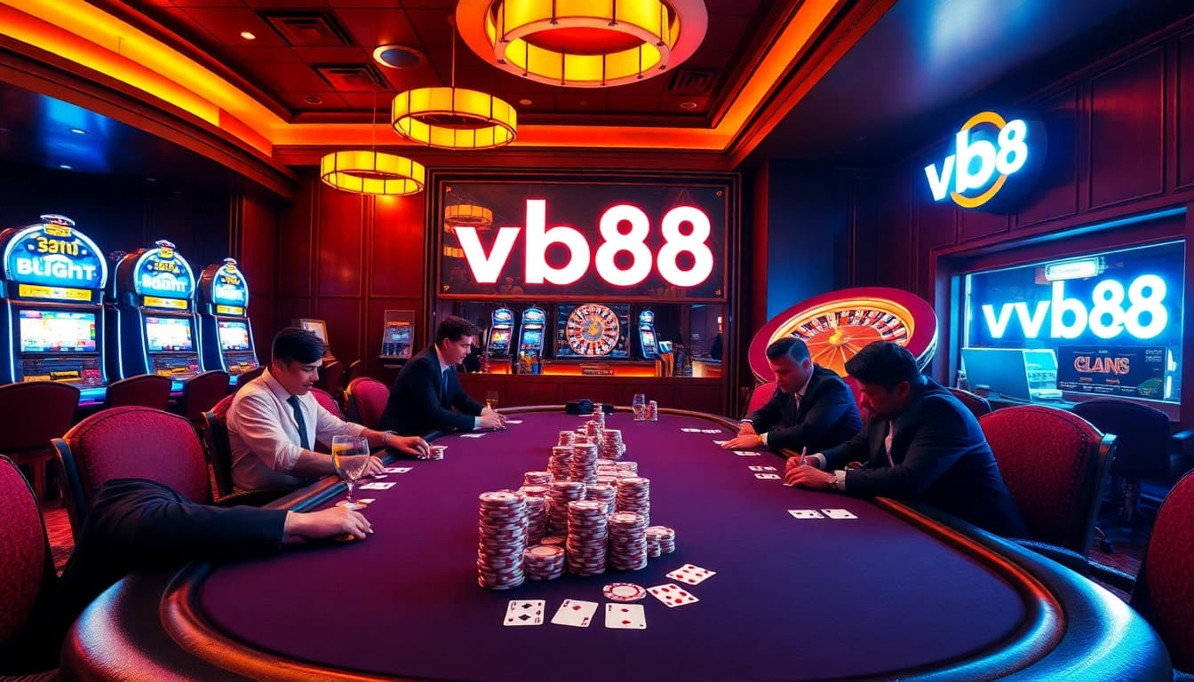 Players at a high-stakes poker table strategizing their moves at VB88, with vibrant casino elements surrounding them.