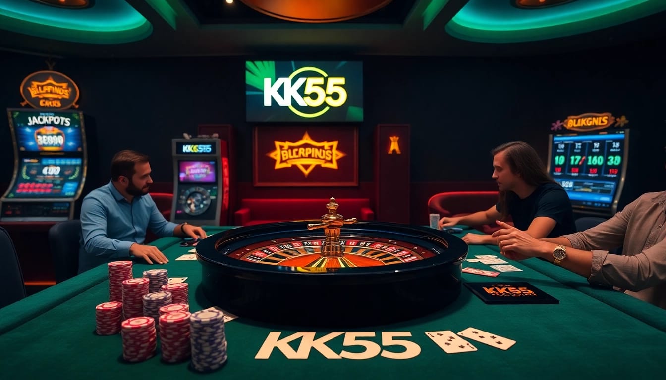 Experience thrilling gaming at KK55 casino with vibrant poker chips and roulette in an upscale setting.