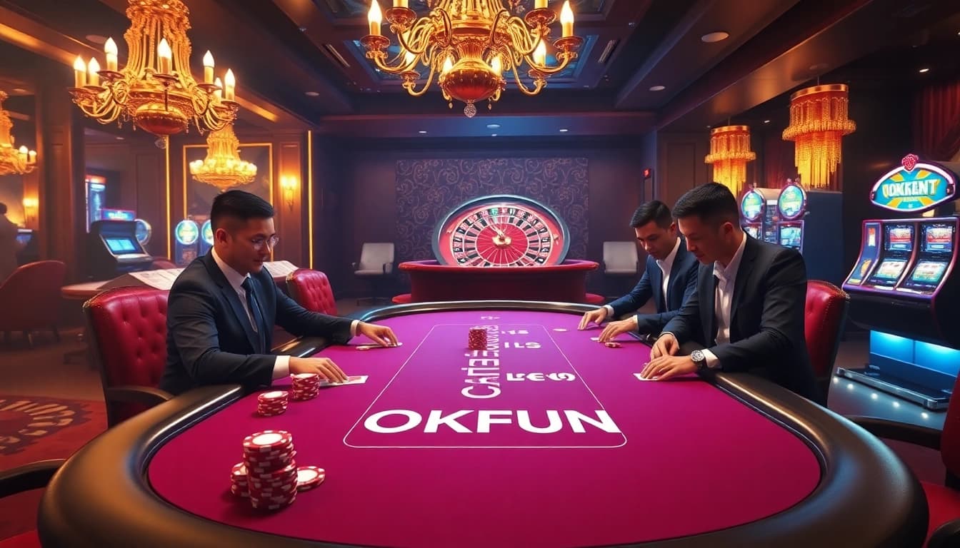 Gambling action at OKFUN casino featuring a lively poker game and roulette wheel.