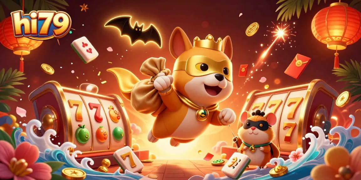 Action-packed hi79 scene with a superhero dog and hamster flying over vibrant casino elements.