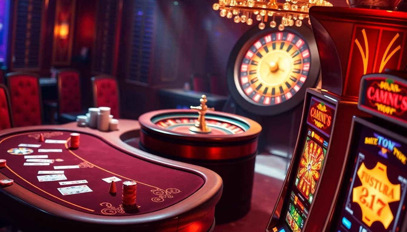PHTAYA casino scene featuring vibrant slot machines and elegant poker table.
