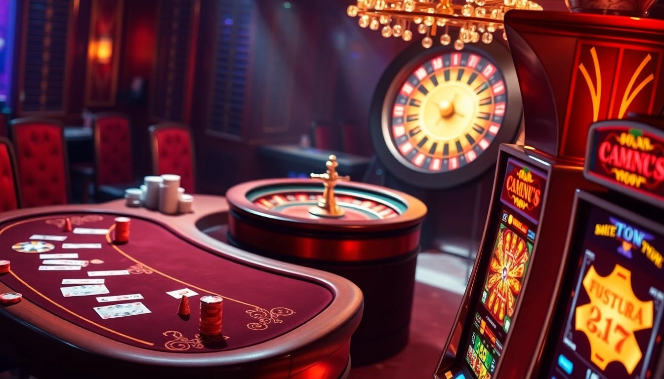 PHTAYA casino scene featuring vibrant slot machines and elegant poker table.