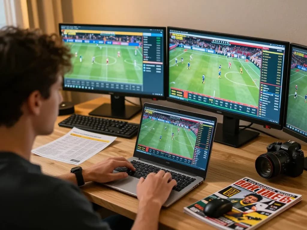Soi kèo strategies displayed on multiple screens during intense sports betting session at home.