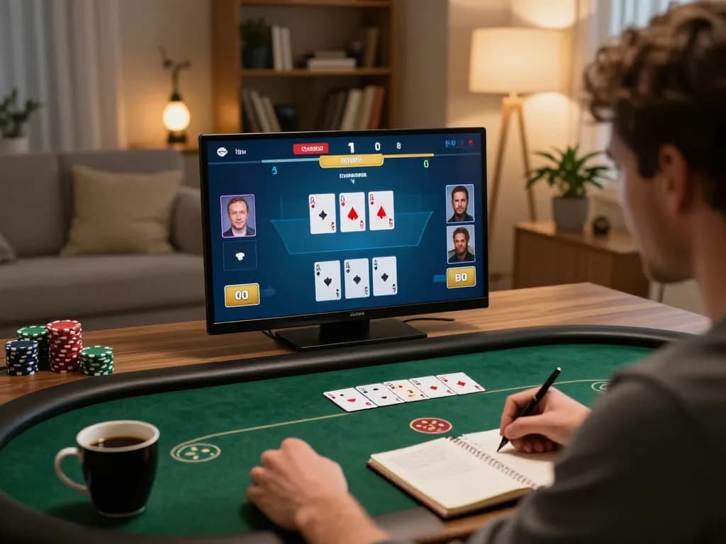 NK88 players strategizing while enjoying an online poker game in a cozy home setup
