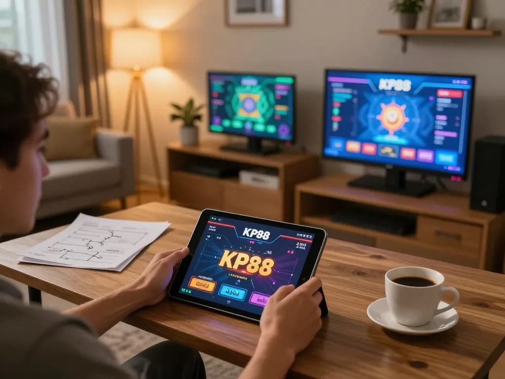 Engaged in KP88 online gaming with tablet, showcasing a cozy gaming setup and strategy notes.