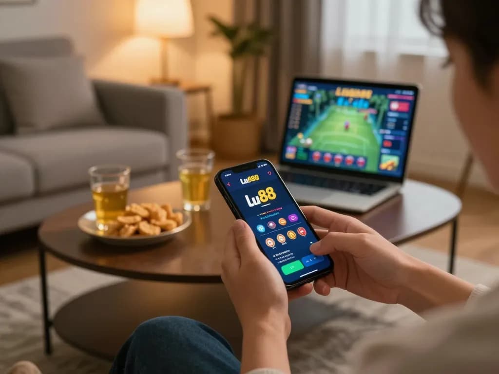 Engaging gameplay with the App lu88 on a smartphone in a modern home setting, showcasing mobile gaming excitement.