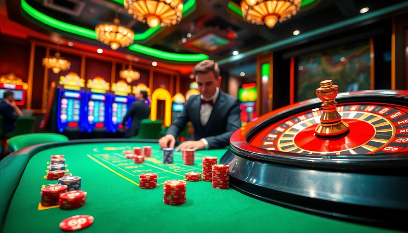 Engaging players at a vibrant hit club casino table with poker chips and glowing slot machines.