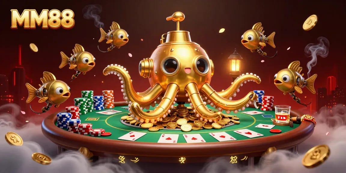 Witness MM88's thrilling gaming experience with a cracking golden kraken amidst poker excitement.