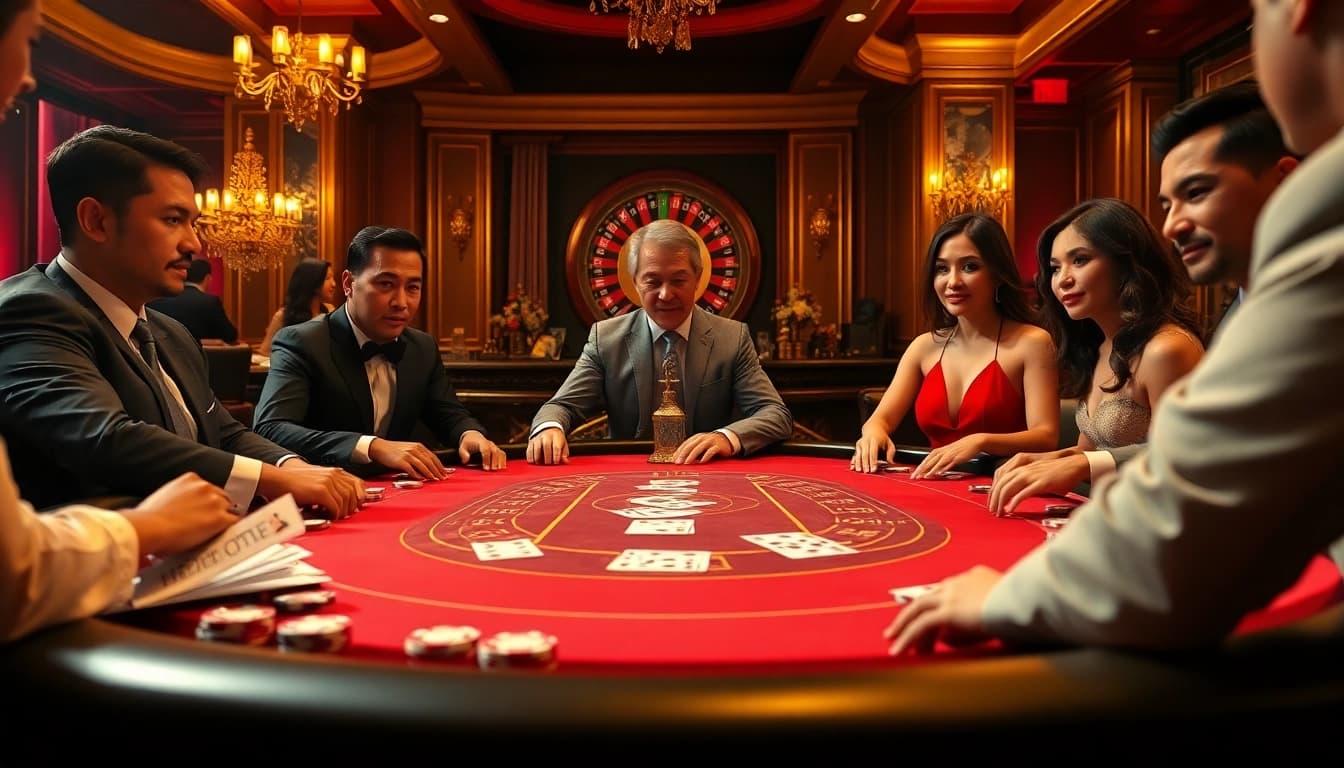 Players engage intensely in a high-stakes poker game at MM88.COM, surrounded by casino props and luxury decor.
