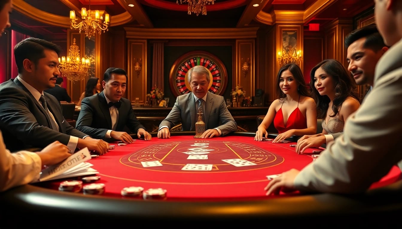 Players engage intensely in a high-stakes poker game at MM88.COM, surrounded by casino props and luxury decor.
