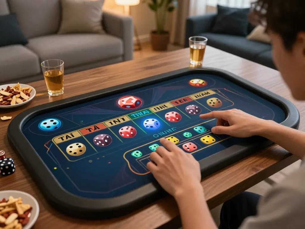 Engaging in Tài Xỉu Online, a player celebrates a win while using a mobile app in a cozy home setting.