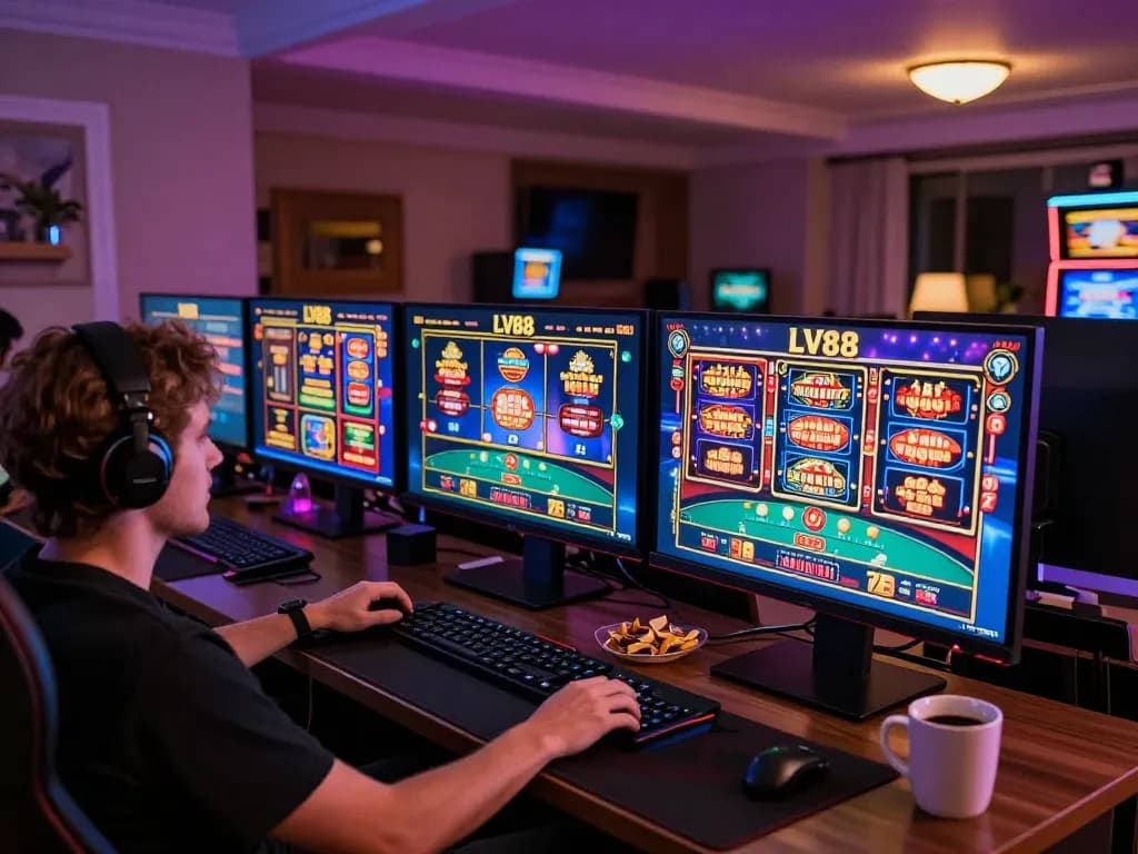 Player enjoying LV88 casino games on multiple screens in a cozy gaming setup.