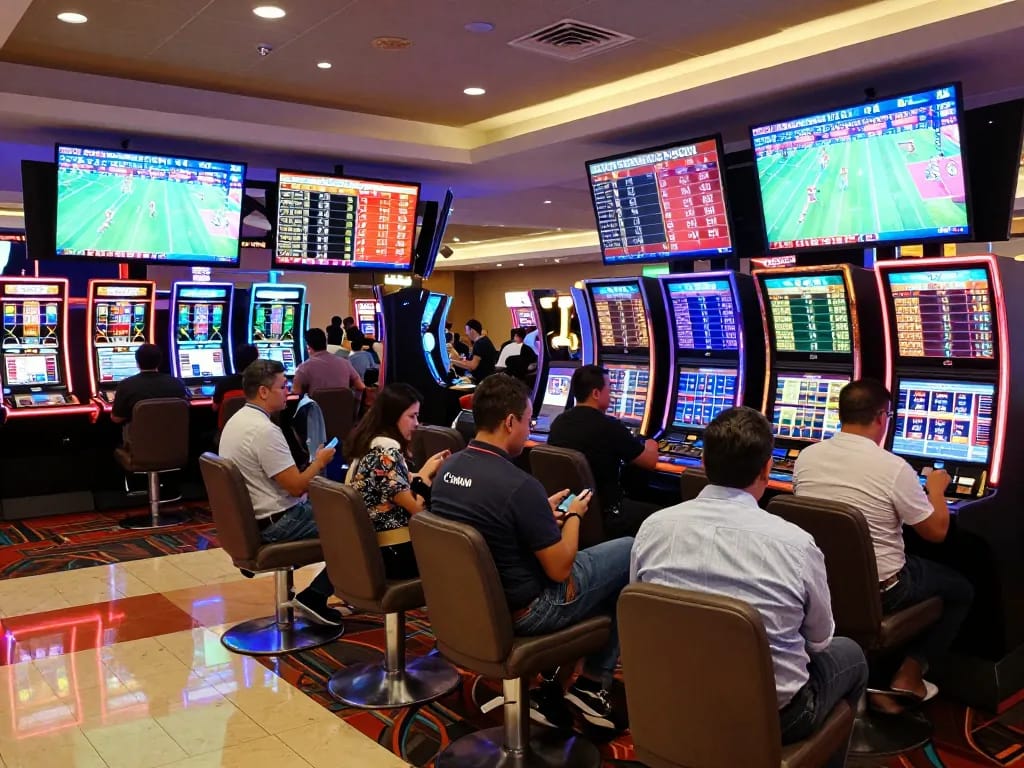 Excited bettors using 7mcn to place wagers in a lively casino sports betting area.
