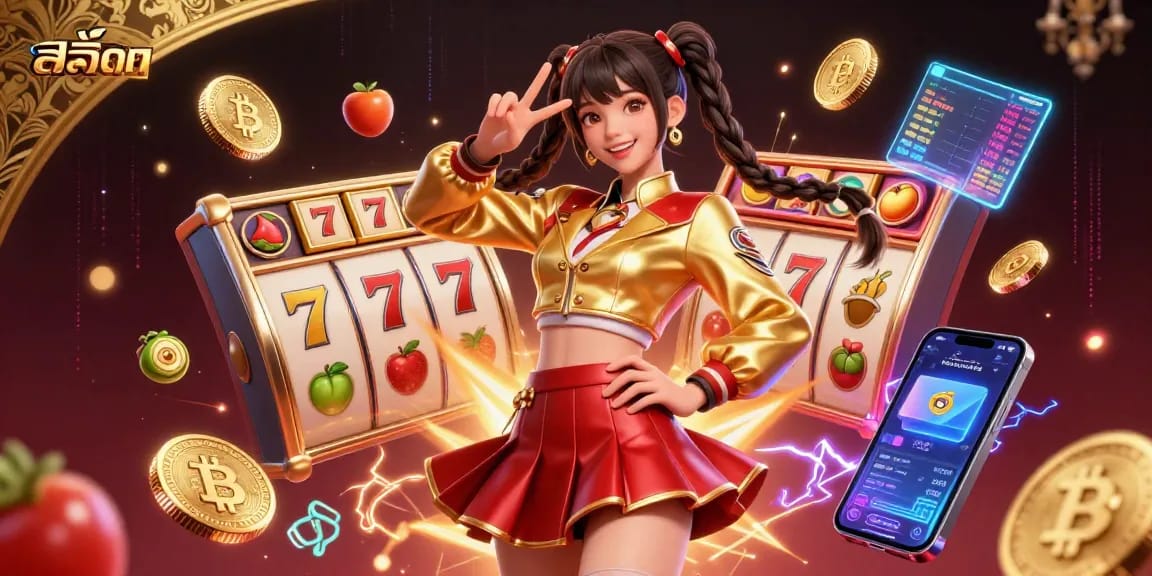 Experience the excitement of สล็อต with a vibrant 3D scene featuring slot reels and jackpot counters.
