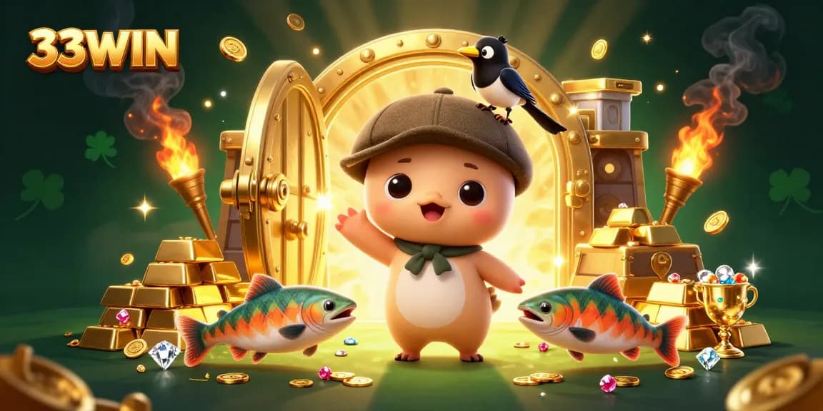 Spin the reels with 33WIN's vibrant and playful illustration featuring whimsical casino elements.