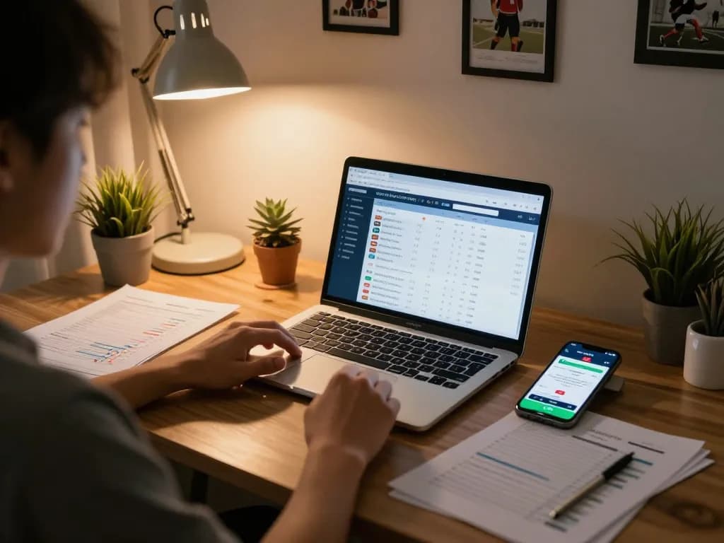 A person checking keo nha cai hom nay odds on a laptop in a cozy home office.