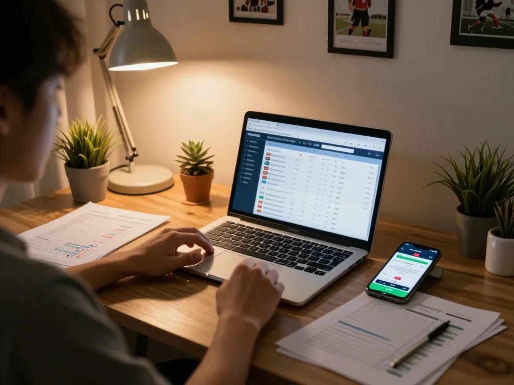 A person checking keo nha cai hom nay odds on a laptop in a cozy home office.