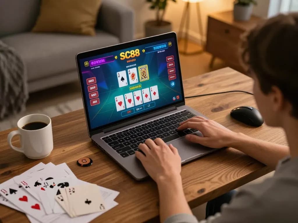 Playing live dealer blackjack on SC88 in a cozy home setup, showcasing engaging gameplay and strategy