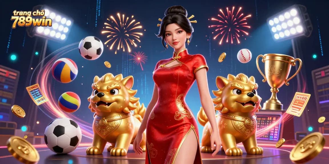 Engage in exciting gameplay at trang chủ 789win, featuring a glamorous woman with foo dog guardians and vibrant casino elements.