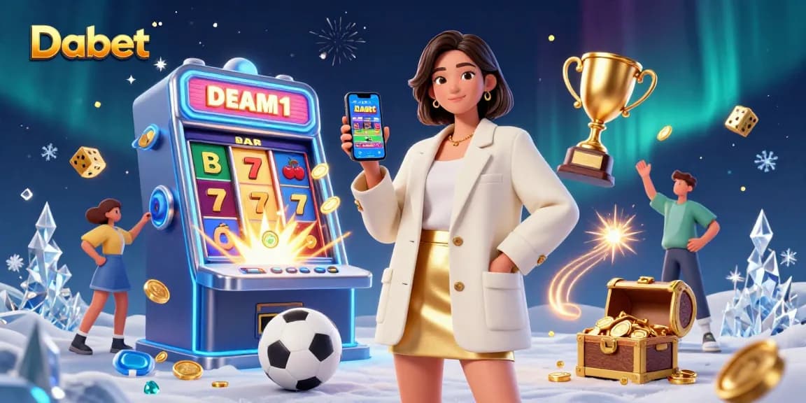 Dabet mobile sport betting app showcase by a friendly Asian woman amidst vibrant casino elements.