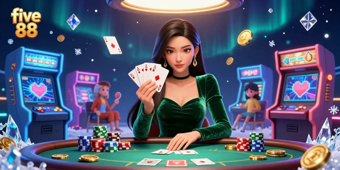 Experience the excitement of five 88 with a beautiful poker player showcasing her winning hand at a vibrant casino table.