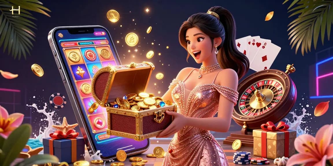Experience thrilling excitement at HUBET with a stunning casino illustration featuring a joyous woman and treasures.