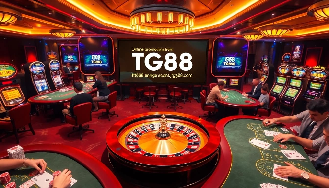 An exciting casino atmosphere with roulette, poker tables, and TG88 promotions showcased.