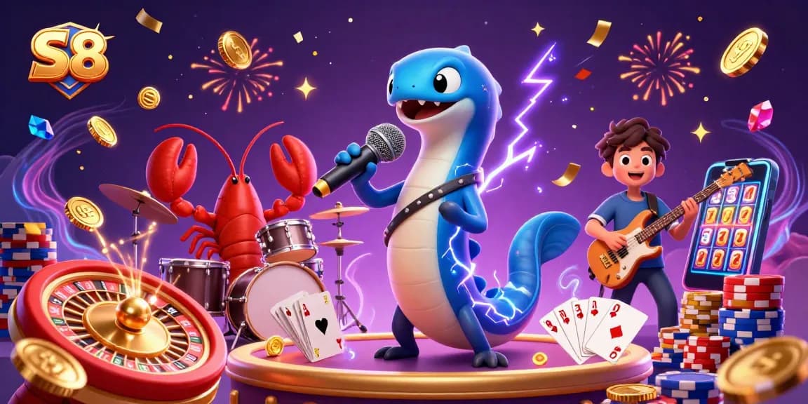 S8 mobile casino illustration featuring an electric eel DJ, vibrant casino elements, and underwater scenery.